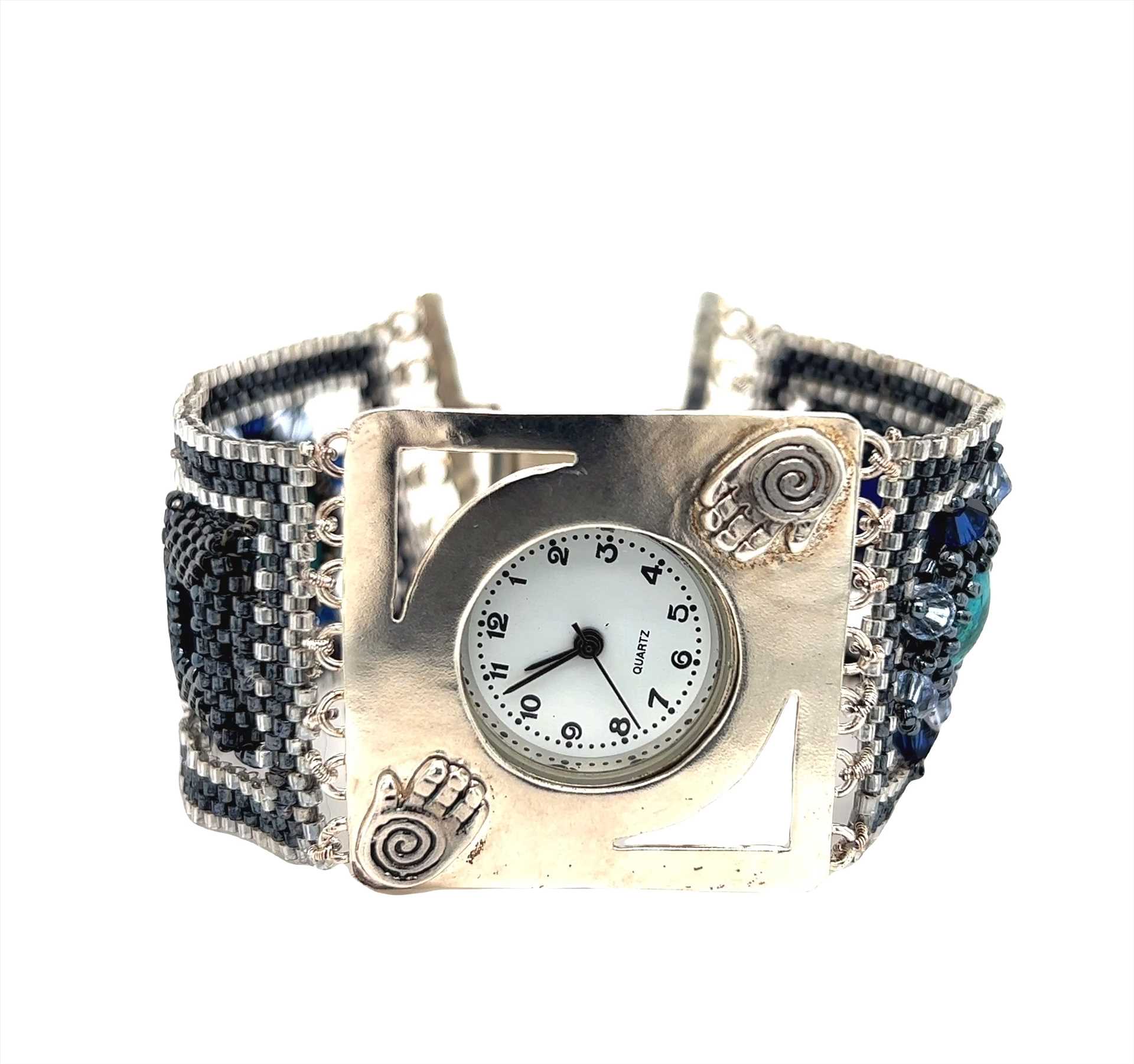 שעון עבודה יד רצועת חרוזים משובצת טורקיז בעיצוב כסף 925