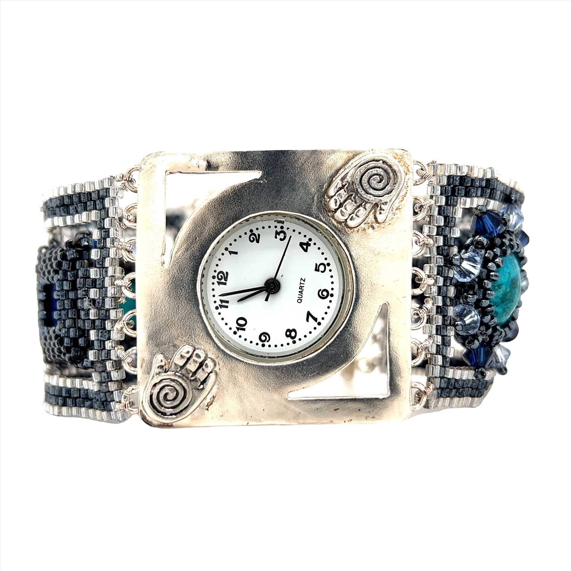 שעון עבודה יד רצועת חרוזים משובצת טורקיז בעיצוב כסף 925