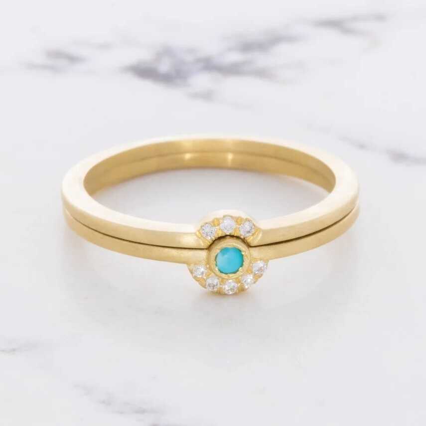 טבעת בעיצוב זהב צהוב 14K טורקיז ויהלומים סה"כ 0.07 קראט